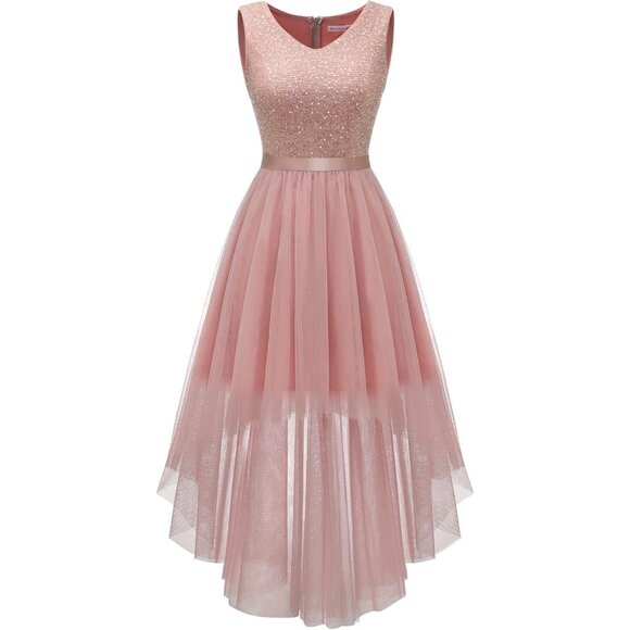 BeryLove Women Tulle Sequin Blush Chiffon Scoop Neck Sleeveless Cocktail Dresses - Picture 1 of 7